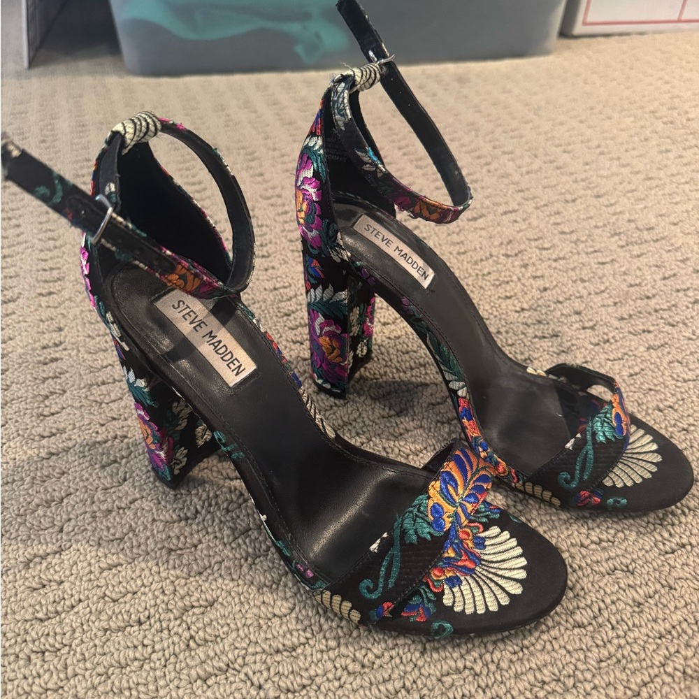 Steve Madden Carrson Black Embroidered Floral Heels with Ankle Straps